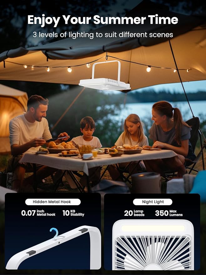 Warmco 20000mAh Battery Powered Fan, Ultra-Slim 8-Inch Portable Camping Fan with LED Lantern, Up to 48H Runtime Rechargeable Desk Fan for Bedroom, Outdoor, Tent, Travel, Cruise Ship Essentials