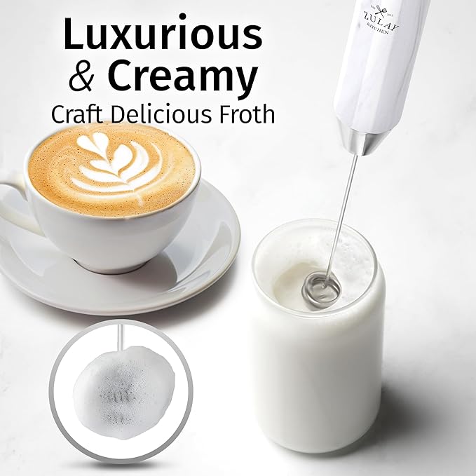 Zulay Kitchen Rechargeable Milk Frother Handheld Lux - Powerful 2-Speed Motor, Waterproof, 2000mAh Battery - Drink Mixer for Latte, Cappuccino, Matcha & Protein Powder - White Marble