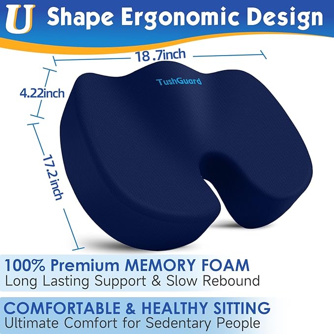 TushGuard Seat Cushion for Office Chair Memory Foam Non-Slip Cushion Back, Coccyx, Sciatica, Tailbone Pain Relief Butt Pillow for Office Chair, Car, Wheelchair, Blue, XX-Large