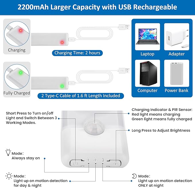 15.9 inch Motion Sensor Under Cabinet Lights, Magnetic Rechargeable Under Counter Closet Light, Wireless Night Light Bar Stick-On, Cool White, 2-Pack