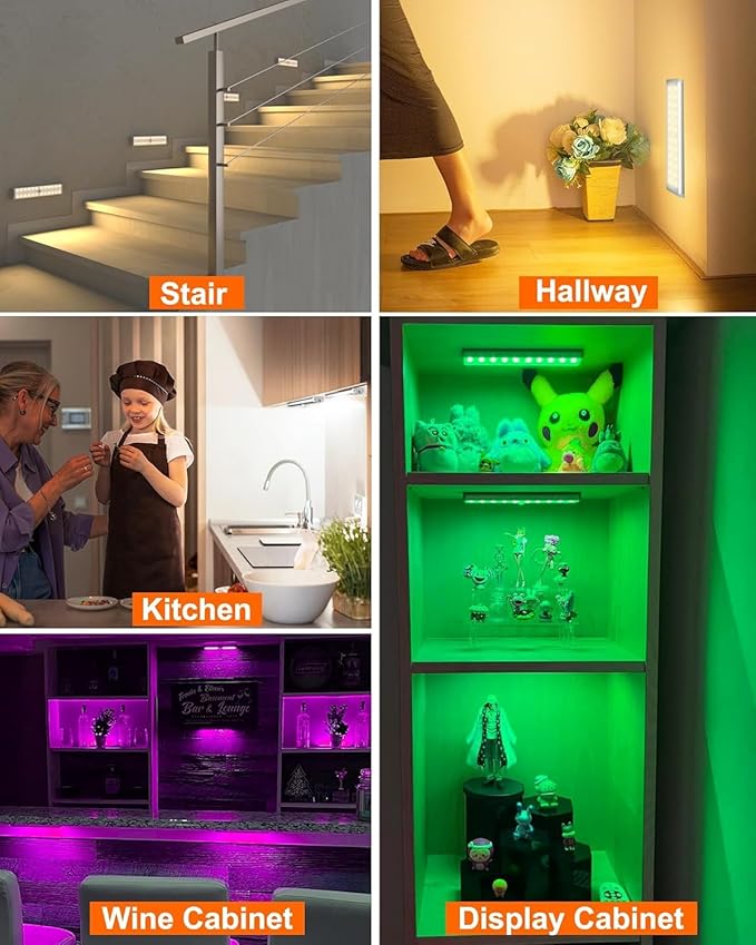 Under Cabinet Lights Wireless, 58-LED Rechargeable Motion Sensor Closet Lights with Remote Control, RGB Color Changing Under Counter Lights for Kitchen, Pantry, Bedroom, Stairs, 2 Pack
