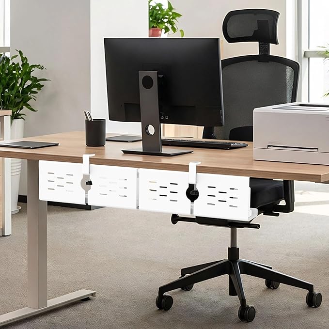 KEEGH 16'' Under Desk Cable Management Tray, No Drill Clamp/Screws Mount, Sturdy Metal Cable Tray for Place Power Strip, Cord Management Tray for Home Office, Gaming Desk, Standing Desk, 1 Pack, White