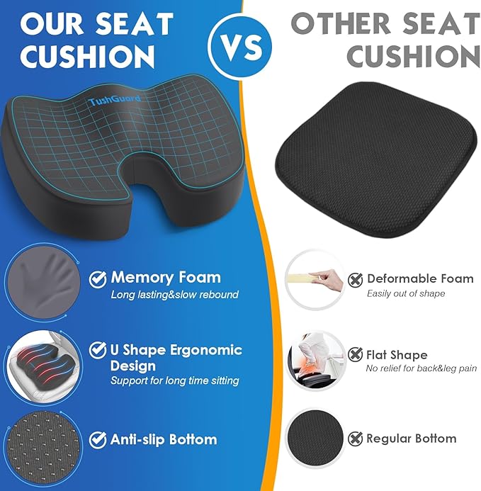 TushGuard Seat Cushion for Office Chair Memory Foam Non-Slip Cushion Back, Coccyx, Sciatica, Tailbone Pain Relief Butt Pillow for Office Chair, Car, Wheelchair, Grey, X-Large
