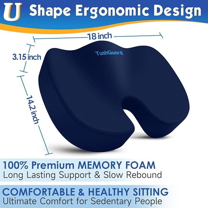 TushGuard Seat Cushion for Office Chair Memory Foam Non-Slip Desk Seat Cushion Back, Coccyx, Sciatica, Tailbone Pain Relief Butt Pillow for Office Chair, Car, Wheelchair, Blue