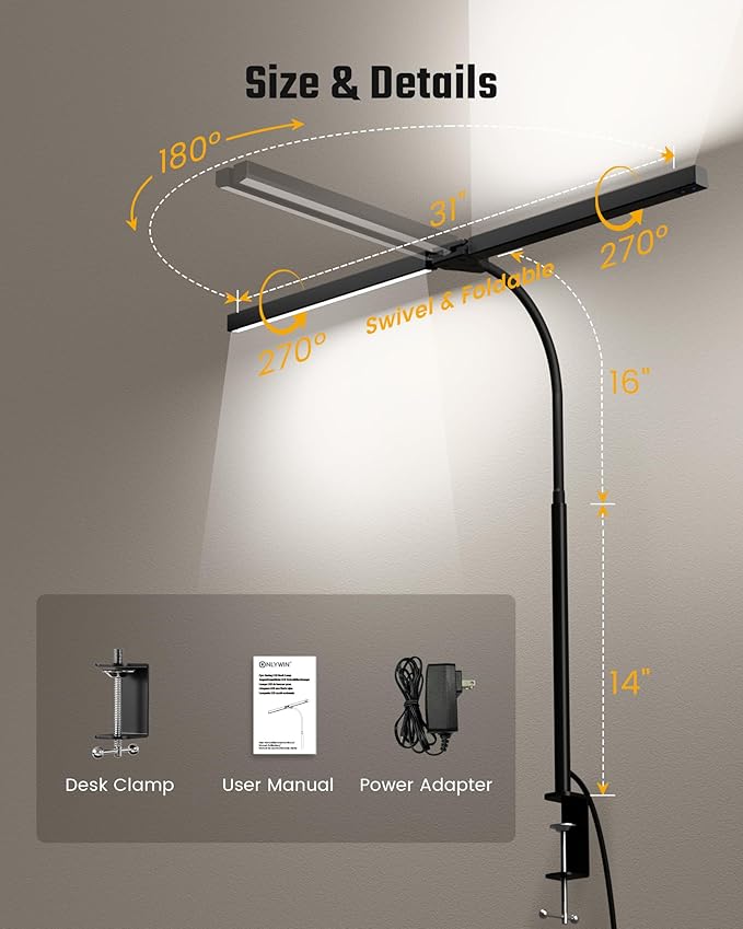 Eye-Caring Desk Lamp with Clamp, LED Desk Light Bar for Dual Monitors, Adjustable Gooseneck Table Lamp with 3 Color Modes, Smooth Dimming Office Desk Lamp for Home Office, Study, Computer Work