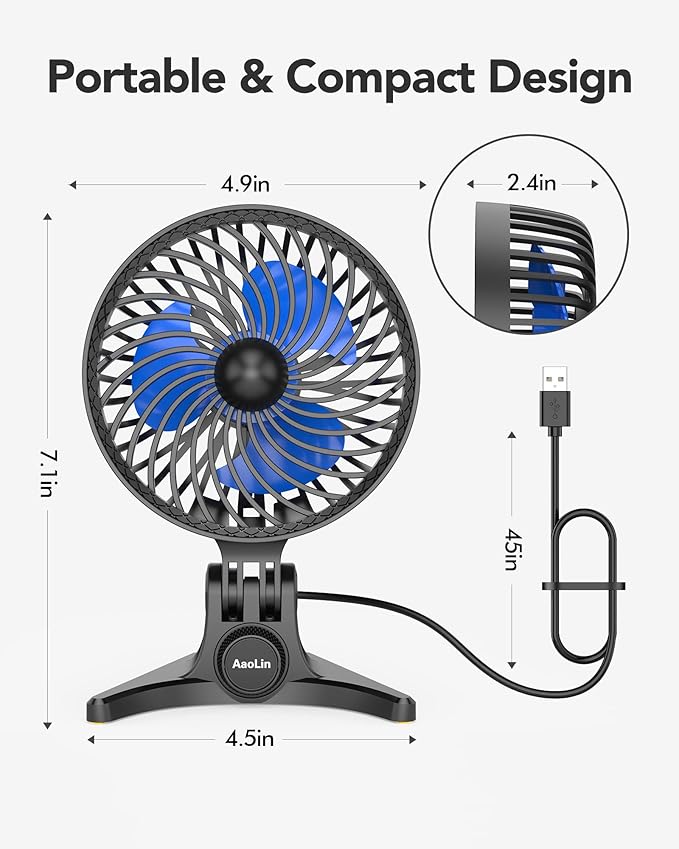 USB Desk Fan, Small Fans with CVT Variable Speeds, Strong Cooling Airflow, Quiet Portable, Desktop Mini Personal Table Fan for Room, Home, Office, Bedroom, Blue Black