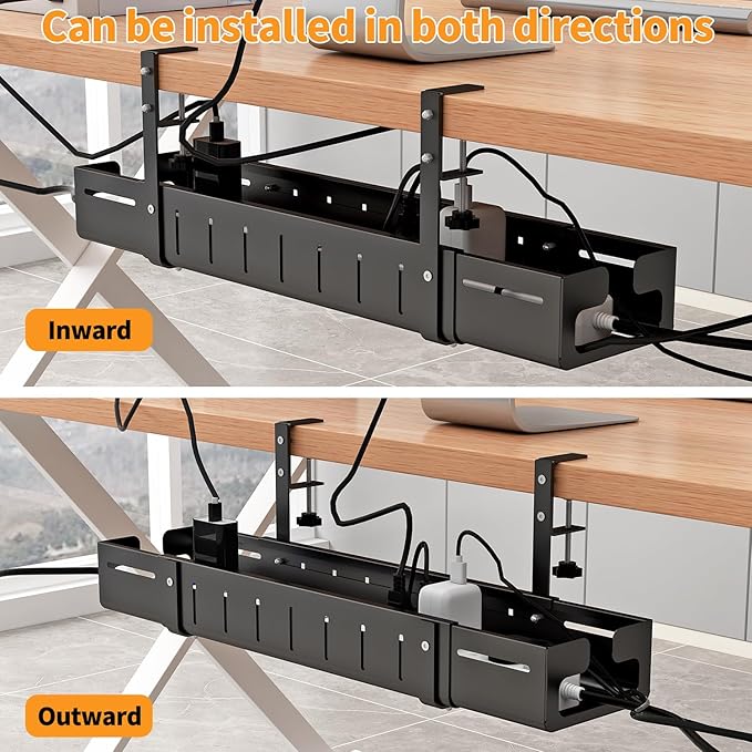 Under Desk Cable Management Tray, Expandable Length 25.2"-38.6",No Drill No Damage to Desk,Cable Tray with Clamp for with Wire Management,for Cord Organizer for Home Office Standing Desk, Black