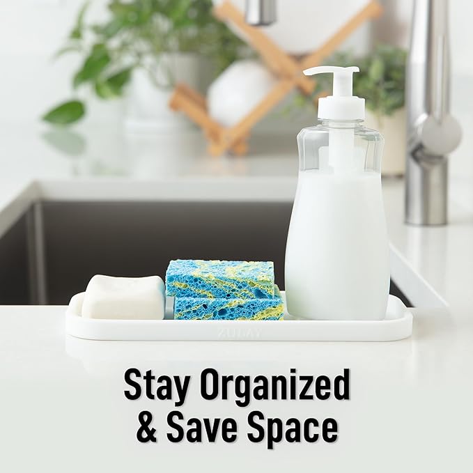 Zulay Kitchen (9x3.5) Silicone Sponge Holder for Kitchen Sink - Flexible Multipurpose Soap Tray - Sink Organizer for Kitchen, Bathroom, Makeup, Trinkets & More (White)
