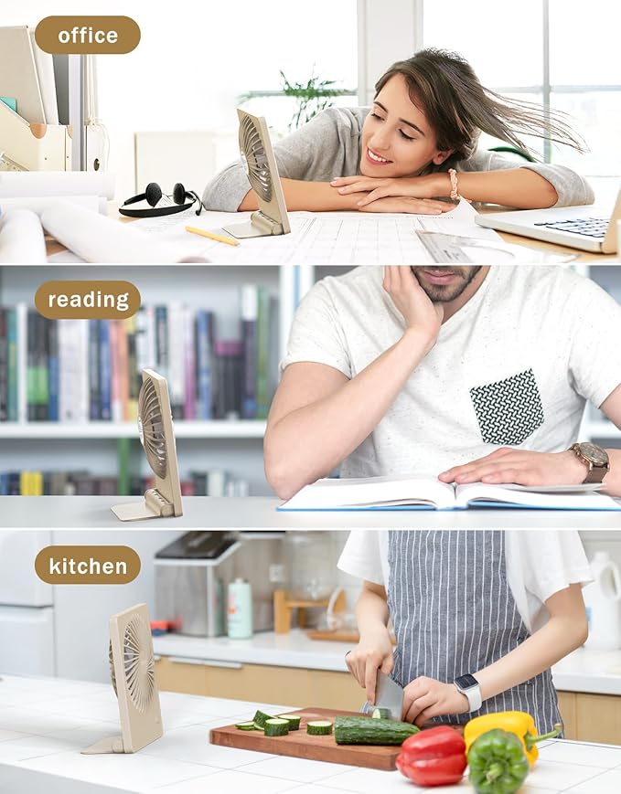 Zuvas Desk Fan Battery Operated Fan Rechargeable 180°Tilt Folding Personal Fan Ultra Quiet Small Portable 3 Speed Adjustable Strong Wind Fan For Office Bedroom Home Desktop Camping (Beige)