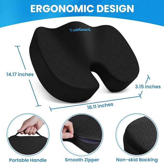 TushGuard Seat Cushion for Office Chair Memory Foam Non-Slip Cushion Back, Relief Chair Pad, Butt Pillow for Office Chair, Car, Computer Desk, Black