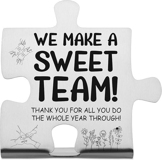 We Make a Sweet Team Puzzle Desk Sign, Engraved Stainless Steel Appreciation Gift for Coworkers Employees Volunteers, Thank You Motivational Office Decor Plaque for Year-End Team Recognition - FSD340