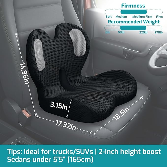 Trucker Seat Cushion, Car Seat Cushions with Lumbar Support Pillow, Ergonomic L-Shaped Orthopedic Memory Foam Pad for Long Driving Back Pain Sciatica Relief, Drivers Office Workers (Black+Mesh Cloth)