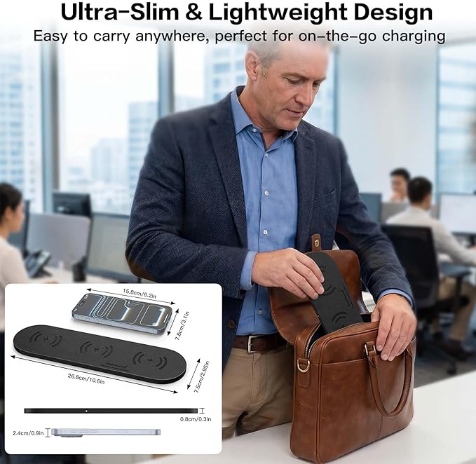 ZealSound Wireless Charging Pad,Triple Wireless Charger Pad Multiple Devices Compatible with iPhone Phone New AirPods Galaxy Buds Ultra-Slim PU Leather Wireless Charging Mat for Smartphone Phone Black