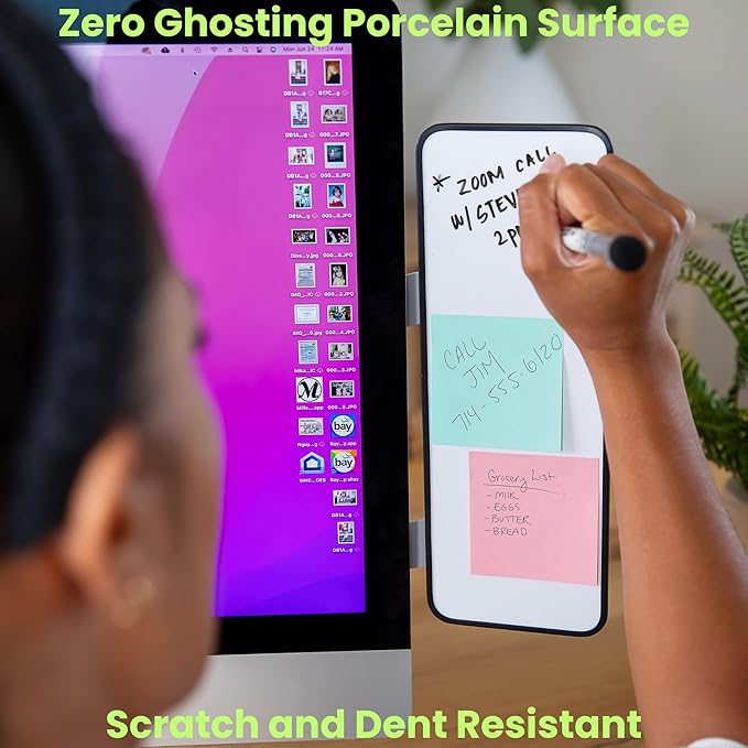 Removable Multi-Use Laptop and Monitor Memo Board; 11.8" x 4.3" Magnetic Whiteboard, Gray Brackets, Marker, Mirror, and 4 Magnets Included; Document Holder; Small Dry Erase Board; Sticky Note Holder