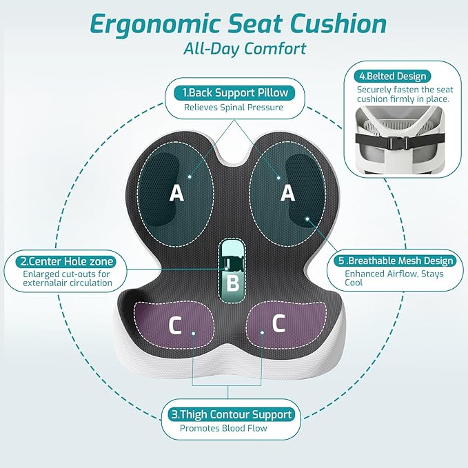 Trucker Seat Cushion, Car Seat Cushions with Lumbar Support Pillow, Ergonomic L-Shaped Orthopedic Memory Foam Pad for Long Driving Back Pain Sciatica Relief, Drivers Office Workers (Black+LGrey)