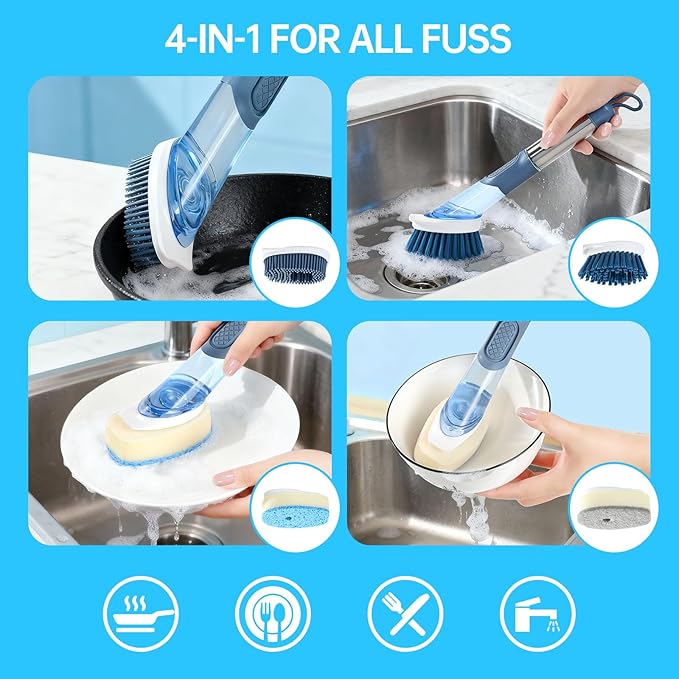 Soap Dispensing Scrub Brush - 4-in-1 Kitchen Cleaning Brush with Built-in Tank, Scraper Heads for Stubborn Grime on Pots Pans, Stand/Hang Storage-Blue