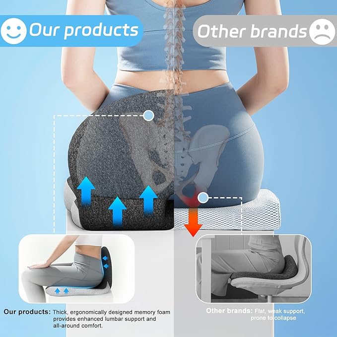 Truck Driver Seat Cushion, Memory Foam L-Shaped Ergonomic Cushion for Office Chairs, Comfort & Support for Long Sitting