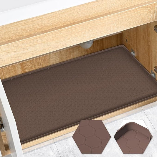 Waterproof Under Sink Mat 31" x 22", Silicone Cabinet Liner, Rubber Protector for Kitchen and Bathroom, Keeps Cabinets Clean, Dry, and Organized (Brown)
