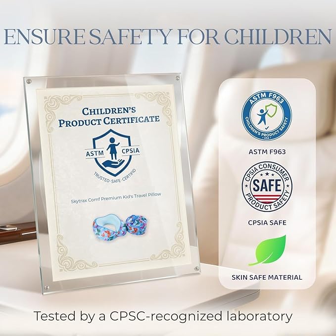 SKYTRAX® Certified Kids Safe Memory Foam Travel Neck Pillows for Kids and Toddlers Cute Cartoon Design, Car Seat & Airplane Head Neck Support, Adjustable Snap Buttons Washable Soft Cover (Butterfly)