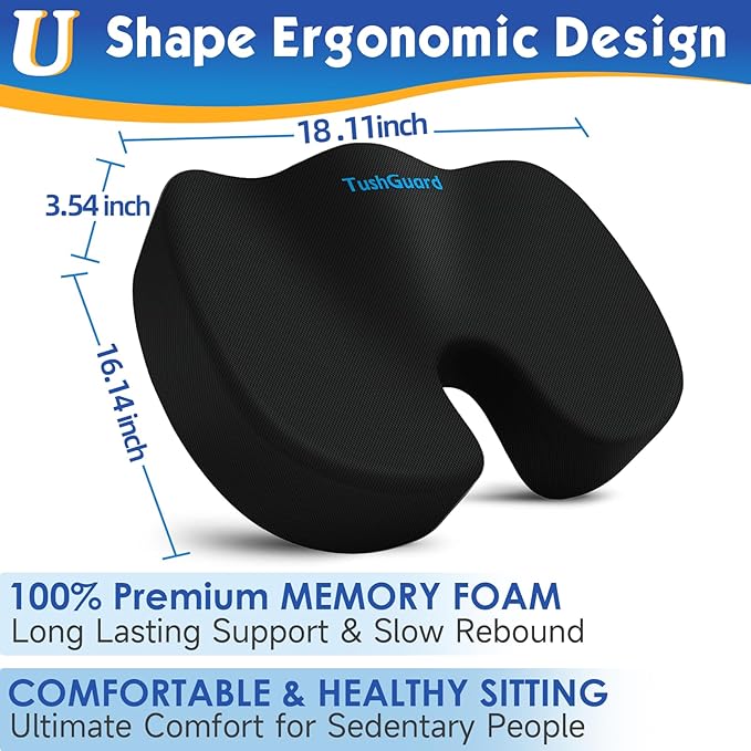 TushGuard Seat Cushion for Office Chair Memory Foam Non-Slip Cushion Back, Coccyx, Sciatica, Tailbone Pain Relief Butt Pillow for Office Chair, Car, Wheelchair, Black, X-Large