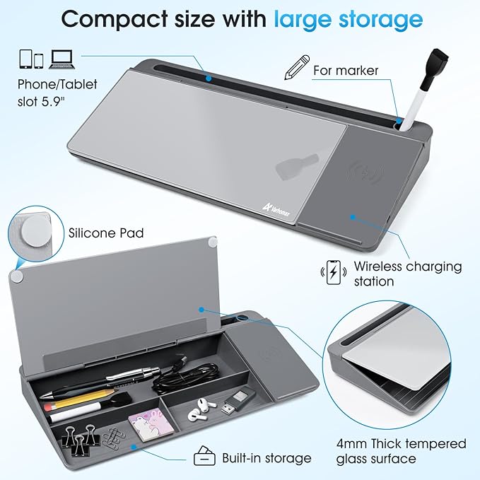 Varhomax Glass Desk Whiteboard with Wireless Charger, Desktop Dry Erase White Board with Storage, to Do List Memo Notepad for Home and Office (Gray)