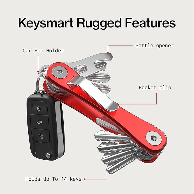 KeySmart Rugged - Multitool Key Holder for Keychain w/Bottle Opener and Pocket Clip, Key Organizer for Key Chain, EDC Keychains, Key Ring for Car Fobs Key Chains, Expandable (Up to 14 Keys, Red)