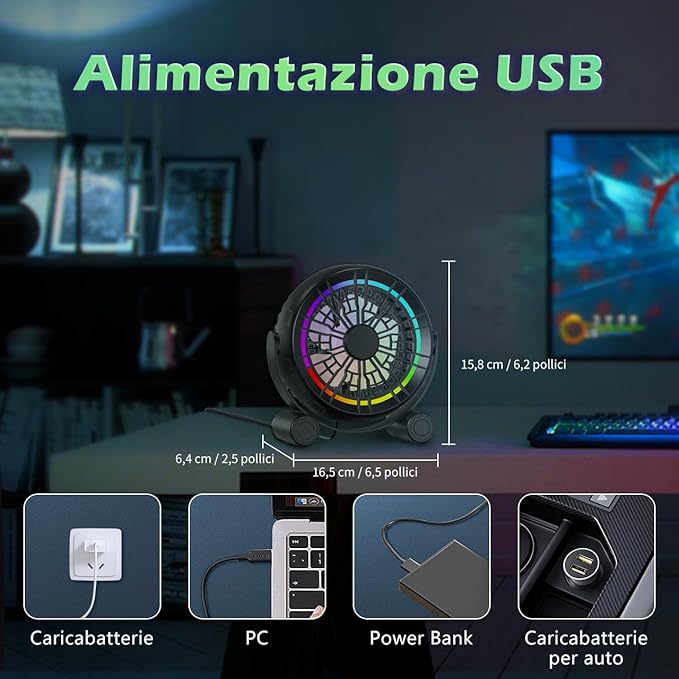 USB RGB Desk Fan - 3 Speeds Quiet Portable Table Fan, 8 Color LED Lights, 360° Rotation, Small Fan for Home Office Desktop Bedroom