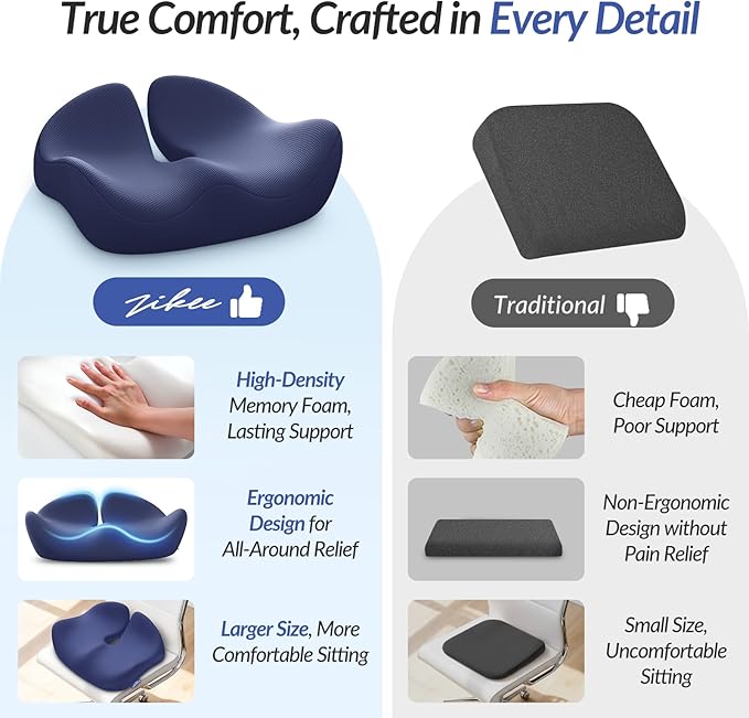 ZIKEE Pioneering Seat Cushion for Pressure Relief, Ergonomic Office Chair Cushion for Sciatica, Back, Hemorrhoids & Tailbone Pain Relief, High-Density Memory Foam Car Seat Cushion with Anti-Slip Base