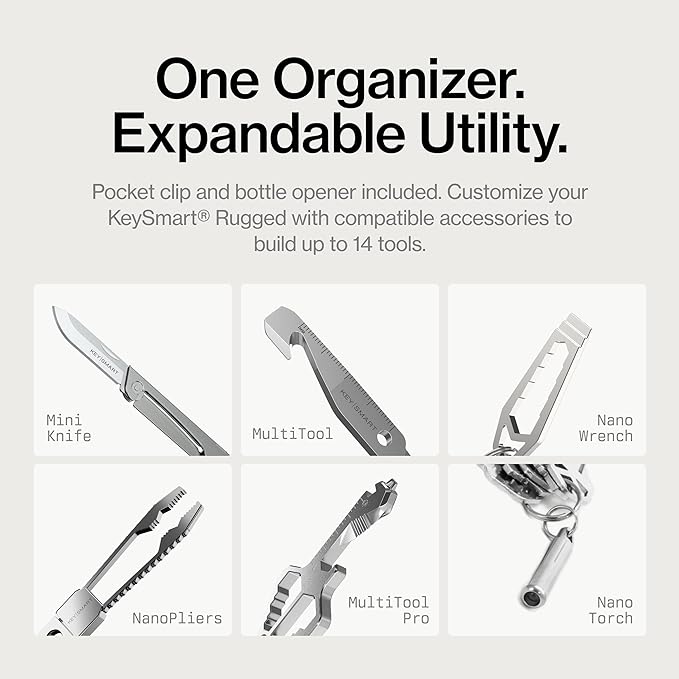 KeySmart Rugged - Multitool Key Holder for Keychain w/Bottle Opener and Pocket Clip, Key Organizer for Key Chain, EDC Keychains, Key Ring for Car Fobs Key Chains, Expandable (Up to 14 Keys, Blue)