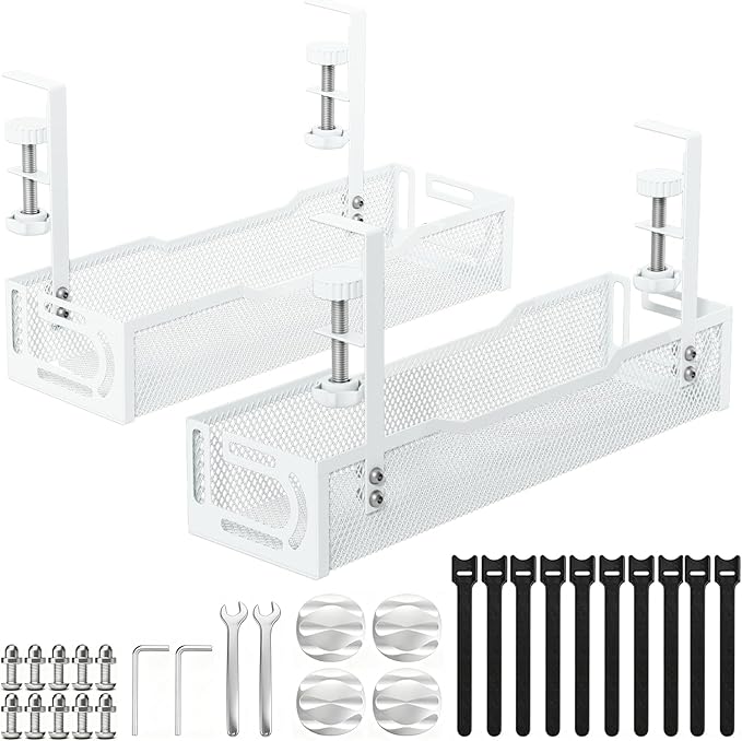 2Pack Under Desk Cable Management Tray, No Drill Mesh Desk Cable Tray, Wire Management Tray Cable Management Rack, Wire Organizer and Cable Management Box (White)