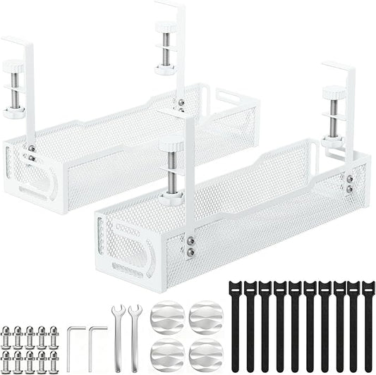 2Pack Under Desk Cable Management Tray, No Drill Mesh Desk Cable Tray, Wire Management Tray Cable Management Rack, Wire Organizer and Cable Management Box (White)