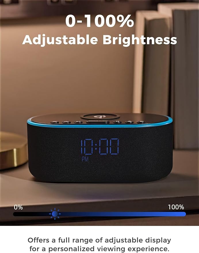 Wireless Charging Alarm Clock Radio: Qi Certified Fast Wireless Charger for iPhone Samsung - 10W Stereo Bluetooth Speaker - Dimmable Digital Clock with FM Radio for Bedroom Black