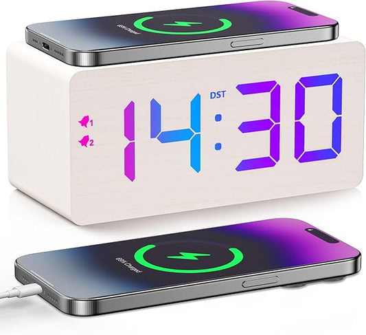 Wooden Digital Alarm Clock with Fast Wireless Charger, Dual USB Charging Ports, DST, Dimmable, Snooze, RGB Large Number Display LED Clock for Bedrooms, Living Room, Desk, Table, Bedside(White)