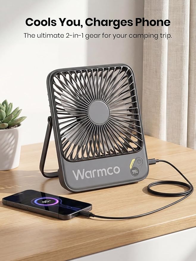 Warmco 10000mAh Portable Travel Fan 7-inch, Max 24H Runtime, Ultra-thin Quiet Rechargeable Battery Operated Desk Fan with Digital Display for Camping, Office, Bedroom, Cruise Essentials