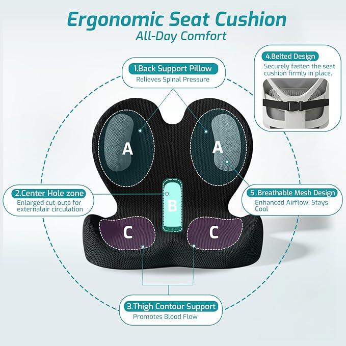 Trucker Seat Cushion, Car Seat Cushions with Lumbar Support Pillow, Ergonomic L-Shaped Orthopedic Memory Foam Pad for Long Driving Back Pain Sciatica Relief, Drivers Office Workers (Black+Mesh Cloth)