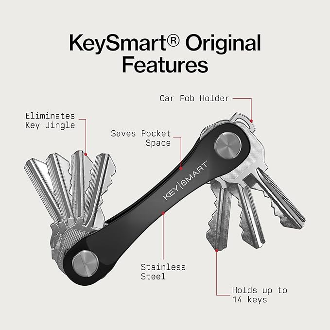 KeySmart Original Key Holder - Compact Key Organizer for Key Chain, Minimalist Clutter-Free EDC Keychains Key Ring, Black, 14 Keys