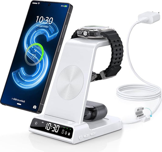 Wireless Charger for Samsung Charging Station with Clock for Samsung Galaxy S25 Ultra/S24 Ultra/Z Flip 7/Z Fold 6/Galaxy Bud, 3 in 1 Charger Station Watch Charger for Galaxy Watch 8/7/6/5 Pro (White)