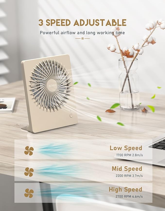 Zuvas Desk Fan Battery Operated Fan Rechargeable 180°Tilt Folding Personal Fan Ultra Quiet Small Portable 3 Speed Adjustable Strong Wind Fan For Office Bedroom Home Desktop Camping (Beige)