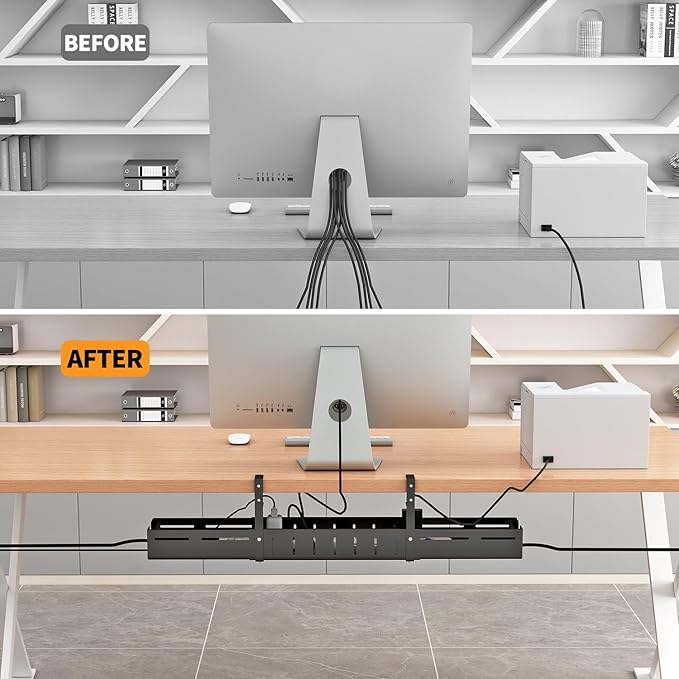 Under Desk Cable Management Tray, Expandable Length 25.2"-38.6",No Drill No Damage to Desk,Cable Tray with Clamp for with Wire Management,for Cord Organizer for Home Office Standing Desk, Black