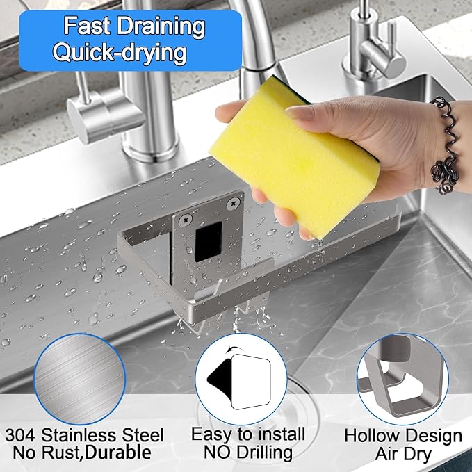 GAViA Kitchen Sink Sponge Holder - Sponge and Dish Cloth Hanger, Adhesive Rustproof Kitchen Sink Rack, 304 Stainless Steel, No Drilling