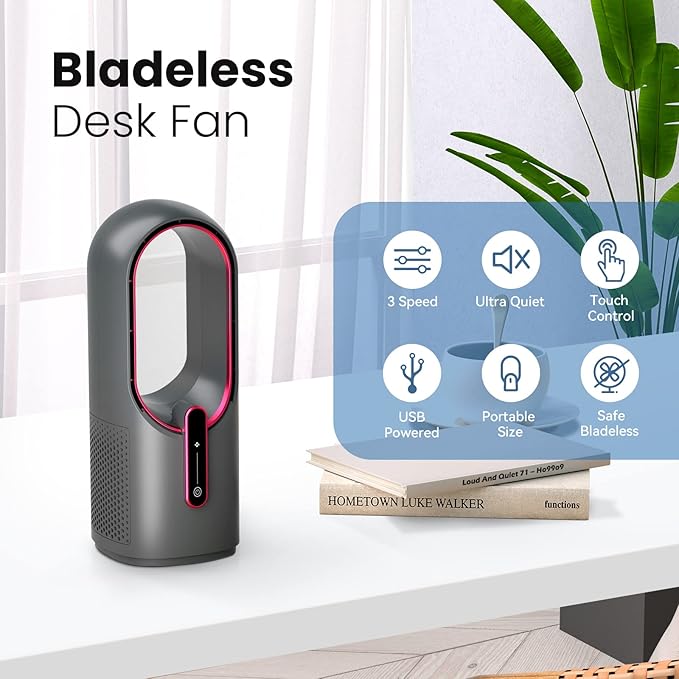 Desk Fan Bladeless, 11.8 Inch Office Fan Small, Quiet, 3 Speed Adjustment, Touch Control, Easy to Clean, Desk Fans Small Quiet, Ideal for Office, Living Room, Bedroom