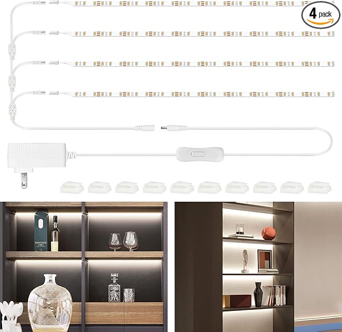WOBANE LED Shelf Light, LED Closet Light Kit, 4PCS 20inch Pre-Cut Strip Bars, Designed for Shelves,Display Case, Bookshelf, in Cabinet Lighting, 6000K White