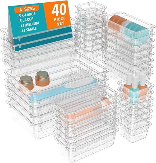 WOWBOX 40 PCS Clear Plastic Drawer Organizer Set, 4 Sizes Desk Drawer Organization and Storage Containers for Makeup, Cosmetics, Jewelry and Gadgets in Kitchen, Bathroom, Bedroom, Office, Clear