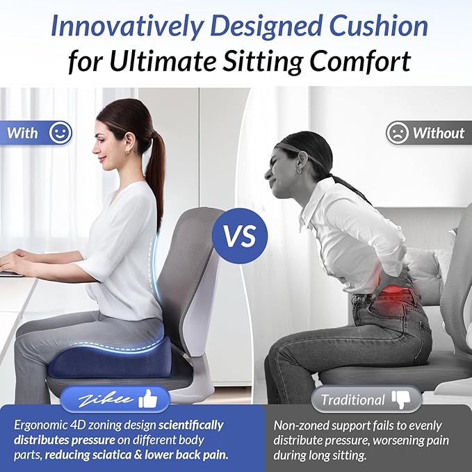 ZIKEE Gel Seat Cushion for Office Chair and Car Seat with Ergonomic Zoning, Memory Foam Chair Cushion for Sciatica, Lower Back, Tailbone Pain Relief and Intimate Ventilation, Non-Slip & Airy Cover
