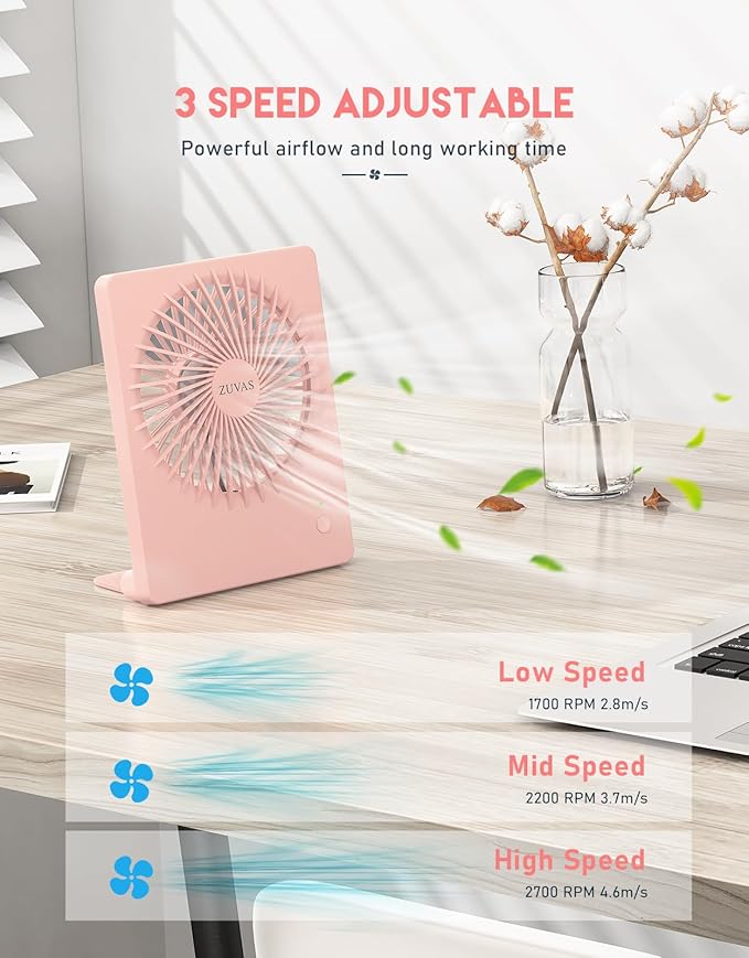 Zuvas Desk Fan Battery Operated Fan Rechargeable 180°Tilt Folding Personal Fan Ultra Quiet Small Portable 3 Speed Adjustable Strong Wind Fan For Office Bedroom Home Desktop Camping (Pink)