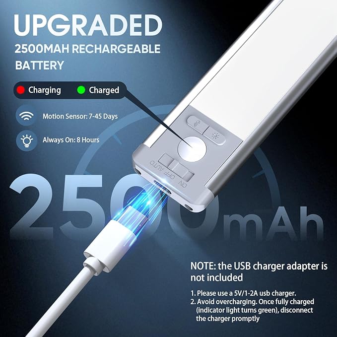 14.7inch Under Cabinet Lighting with 3 Color Temps, 2 Pack Rechargeable Motion Sensor Light Indoor, 5 Levels Dimmable Magnetic Closet Lights, Wireless Under Counter Lights for Kitchen, Stairs