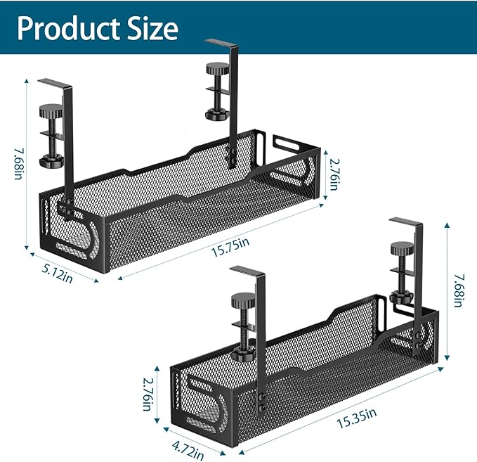 2Pack Under Desk Cable Management Tray, No Drill Mesh Desk Cable Tray, Wire Management Tray Cable Management Rack, Wire Organizer and Cable Management Box (Black)
