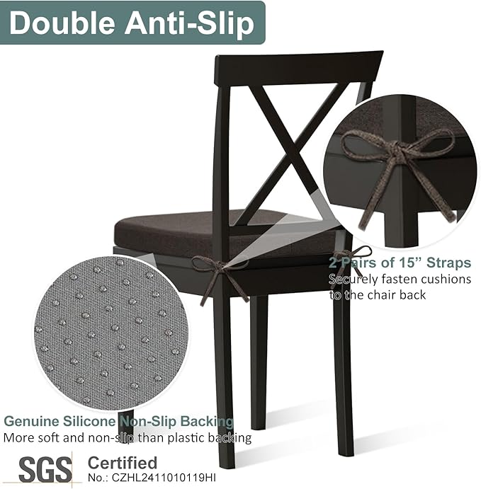 Shinnwa Seat Cushions for Dining Room Chairs 6 Pack, Patented Design Memory Foam Dining Chair Pads with Ties and Washable Cover, Set of 6, 17" x 16" x 2", Dark Brown