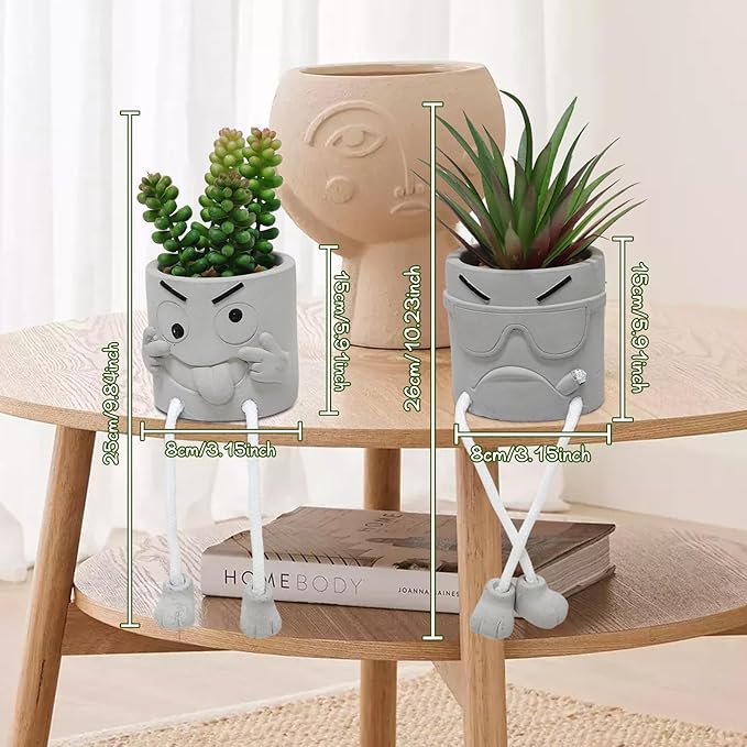 Set of 2 Funny Cement Fake Succulents with Hanging Legs, Small Artificial Desk Plant for Office Decor for Women, Mini Faux Succulents Potted, Gamer Room Decor for Boys, Cute Room Decor for Cubicle
