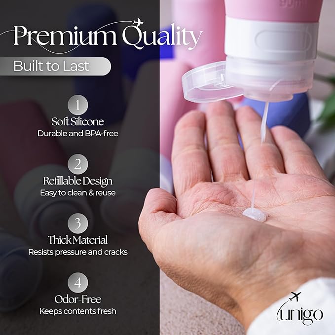 unigo Silicone Travel Bottles Set for Toiletries, Airplane Approved TSA Carry On Size, BPA Free Leakproof Refillable Squeeze Containers with Labels, Cleaning Brush and Covers (Purple)